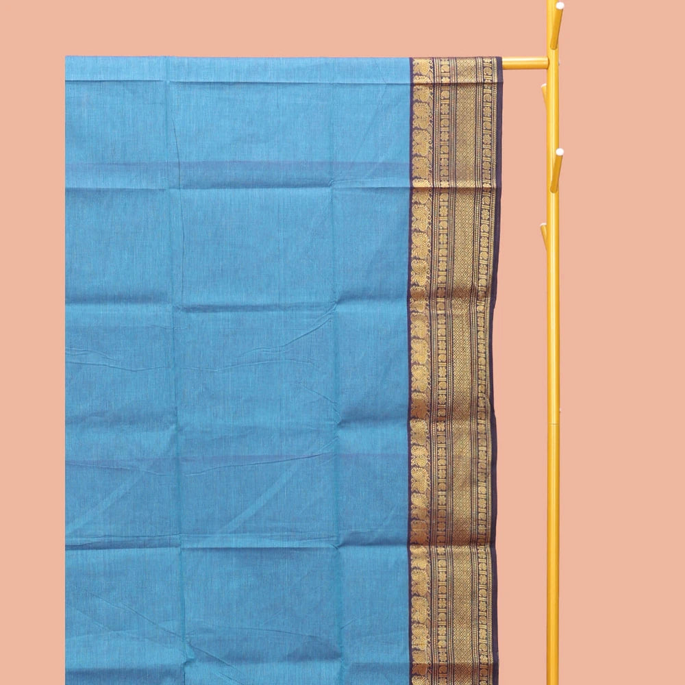 Pothys Blue Plain Chettinad Cotton Saree, Complemented by a Contrast Traditional Zari Design Border, Pallu of Stripes, and Paired with a Matching Blouse