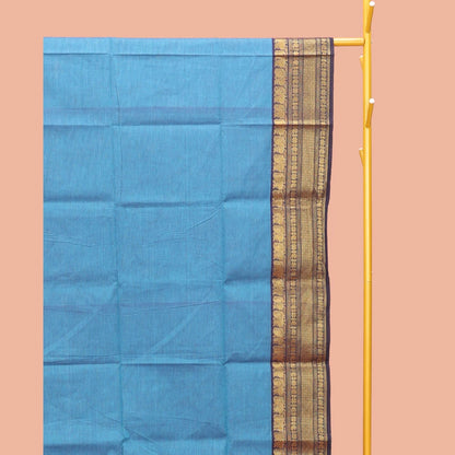 Pothys Blue Plain Chettinad Cotton Saree, Complemented by a Contrast Traditional Zari Design Border, Pallu of Stripes, and Paired with a Matching Blouse