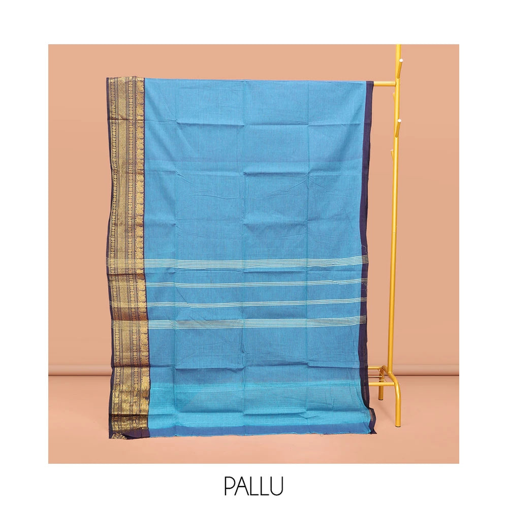 Pothys Blue Plain Chettinad Cotton Saree, Complemented by a Contrast Traditional Zari Design Border, Pallu of Stripes, and Paired with a Matching Blouse