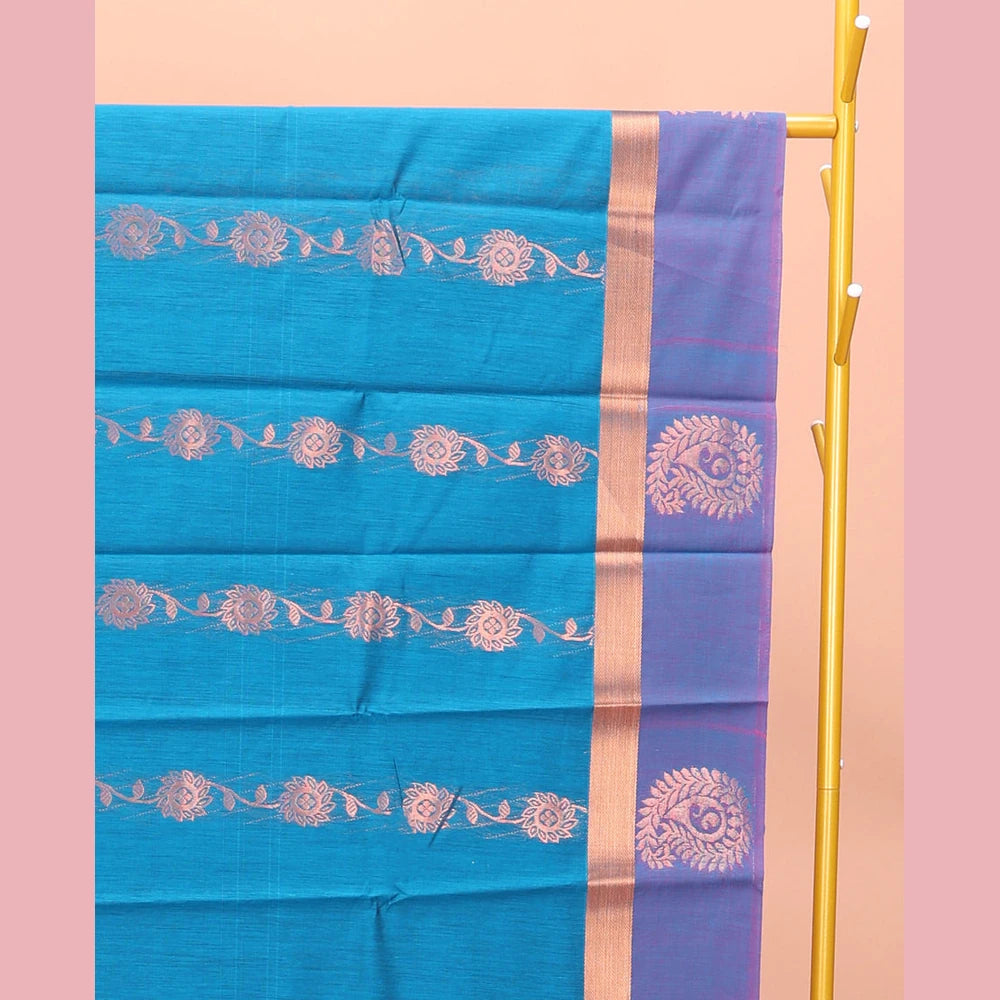Pothys Blue Semi-Silk Cotton Saree with Floral Creeper Design