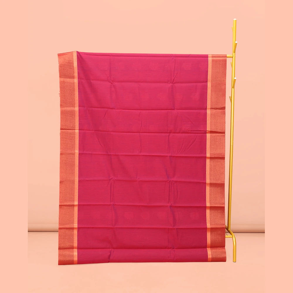 Pothys Red Semi-Silk Cotton Saree, Steeped with Zari Buttas on Its Body, Complemented by Contrast Border, Pallu Features Intricate Designs, and Paired with a Matching Blouse