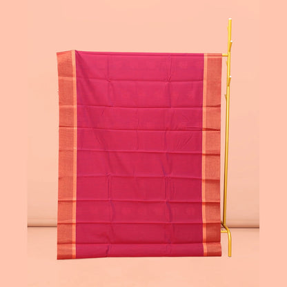Pothys Red Semi-Silk Cotton Saree, Steeped with Zari Buttas on Its Body, Complemented by Contrast Border, Pallu Features Intricate Designs, and Paired with a Matching Blouse