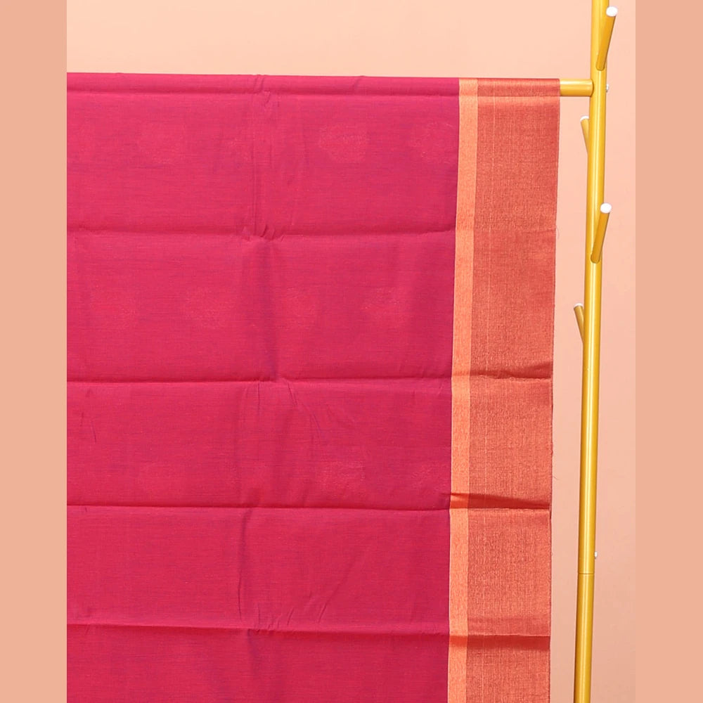 Pothys Red Semi-Silk Cotton Saree, Steeped with Zari Buttas on Its Body, Complemented by Contrast Border, Pallu Features Intricate Designs, and Paired with a Matching Blouse