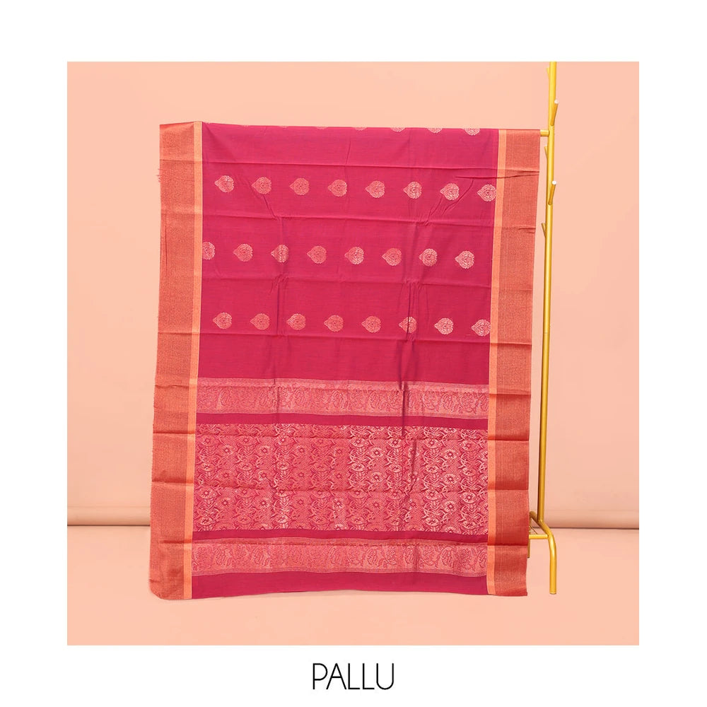 Pothys Red Semi-Silk Cotton Saree, Steeped with Zari Buttas on Its Body, Complemented by Contrast Border, Pallu Features Intricate Designs, and Paired with a Matching Blouse