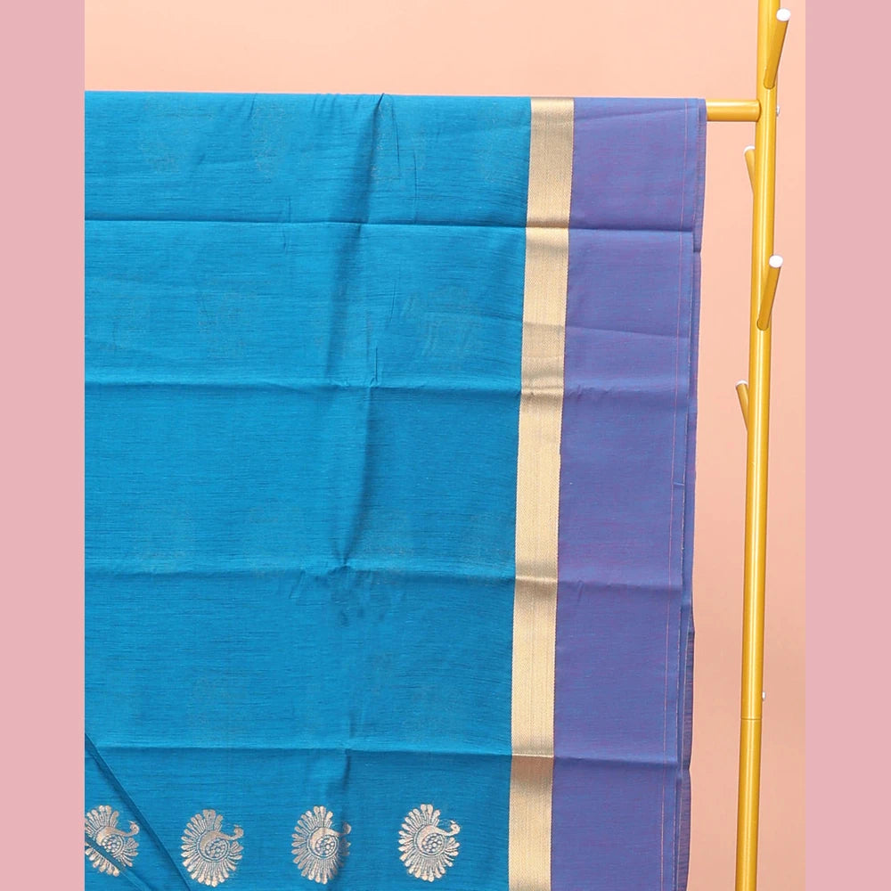 Pothys Blue Semi-Silk Cotton Saree with Bird Zari Buttas