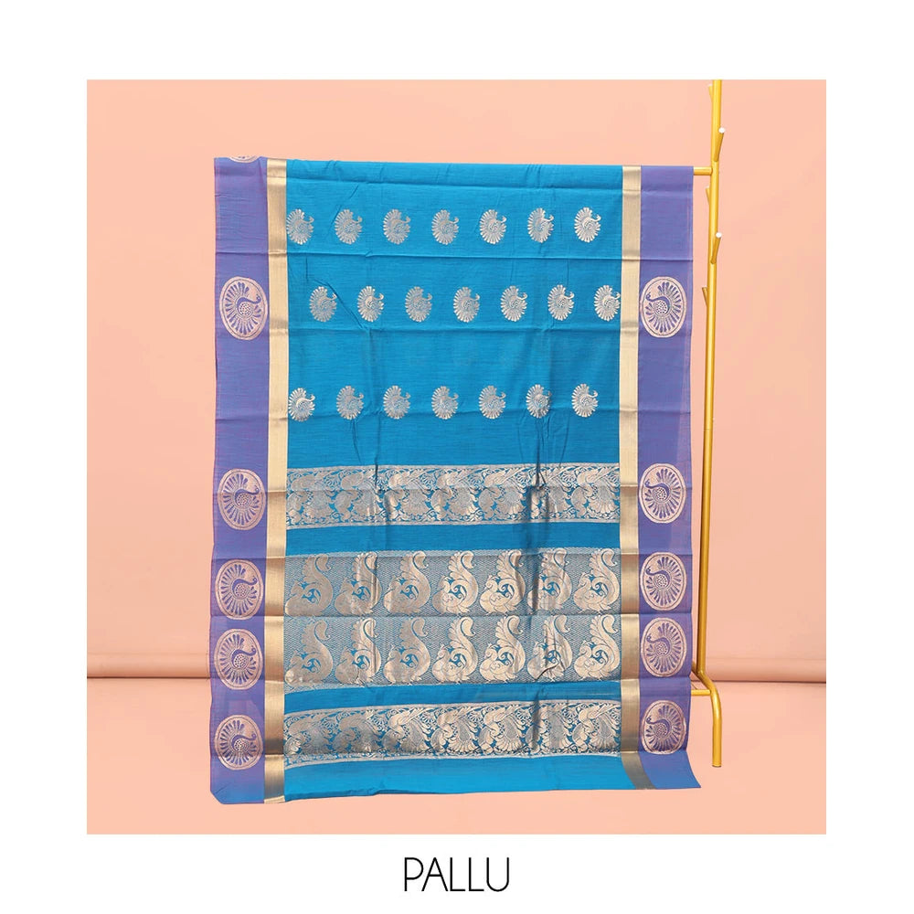Pothys Blue Semi-Silk Cotton Saree with Bird Zari Buttas