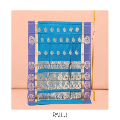 Pothys Blue Semi-Silk Cotton Saree with Bird Zari Buttas