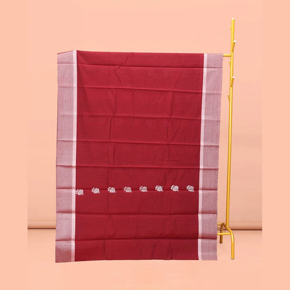 Pothys Red Semi-Silk Cotton Saree, Elegantly Highlighted with Floral Zari Buttas on Its Body, Highlighted by a Self-Border, Pallu Features Floral Designs, and Paired with a Matching Blouse