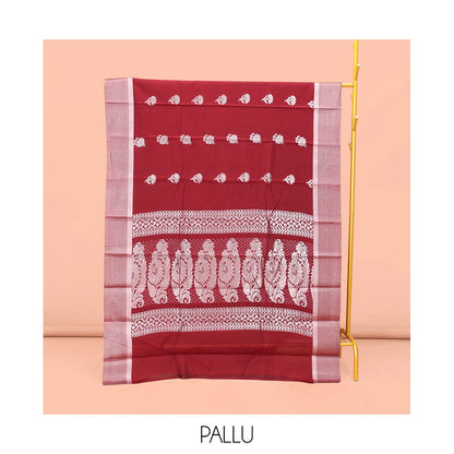 Pothys Red Semi-Silk Cotton Saree, Elegantly Highlighted with Floral Zari Buttas on Its Body, Highlighted by a Self-Border, Pallu Features Floral Designs, and Paired with a Matching Blouse