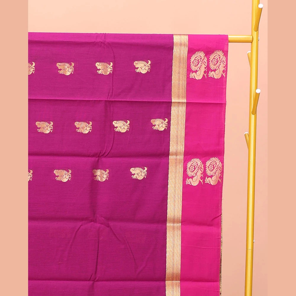 Pothys Rani Pink Semi-Silk Cotton Saree with Peacock Zari Buttas