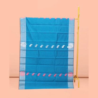 Pothys Blue Semi-Silk Cotton Saree, Graced with Peacock Buttas All Over Its Body, a Self-Border of Peacock Designs, Pallu Steeped with Peacock Zari Design, and Paired with a Matching Blouse