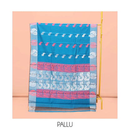 Pothys Blue Semi-Silk Cotton Saree, Graced with Peacock Buttas All Over Its Body, a Self-Border of Peacock Designs, Pallu Steeped with Peacock Zari Design, and Paired with a Matching Blouse