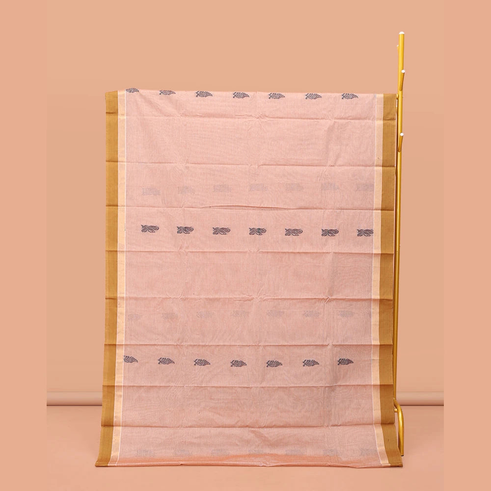 Pothys Pale Pink Kanchi Cotton Saree Features Thread Buttas on Its Body, Complemented by a Contrast Border, Floral-Design Pallu, and a Matching Blouse
