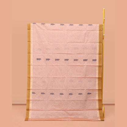 Pothys Pale Pink Kanchi Cotton Saree Features Thread Buttas on Its Body, Complemented by a Contrast Border, Floral-Design Pallu, and a Matching Blouse