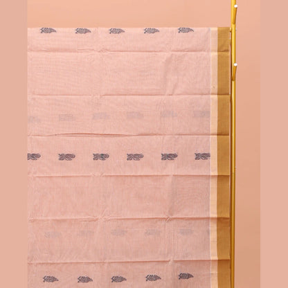 Pothys Pale Pink Kanchi Cotton Saree Features Thread Buttas on Its Body, Complemented by a Contrast Border, Floral-Design Pallu, and a Matching Blouse