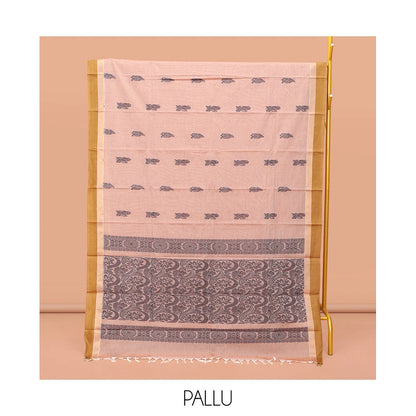 Pothys Pale Pink Kanchi Cotton Saree Features Thread Buttas on Its Body, Complemented by a Contrast Border, Floral-Design Pallu, and a Matching Blouse