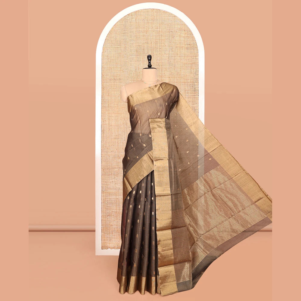 Pothys Brown Silk Cotton Saree, Adorned with Buttas, Gleaming Bavanji Border, Pallu Steeped with Stripes, and a Matching Blouse