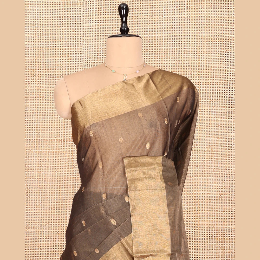 Pothys Brown Silk Cotton Saree, Adorned with Buttas, Gleaming Bavanji Border, Pallu Steeped with Stripes, and a Matching Blouse