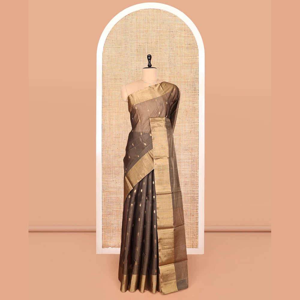 Pothys Brown Silk Cotton Saree, Adorned with Buttas, Gleaming Bavanji Border, Pallu Steeped with Stripes, and a Matching Blouse