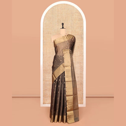 Pothys Brown Silk Cotton Saree, Adorned with Buttas, Gleaming Bavanji Border, Pallu Steeped with Stripes, and a Matching Blouse