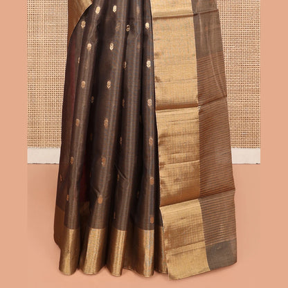Pothys Brown Silk Cotton Saree, Adorned with Buttas, Gleaming Bavanji Border, Pallu Steeped with Stripes, and a Matching Blouse