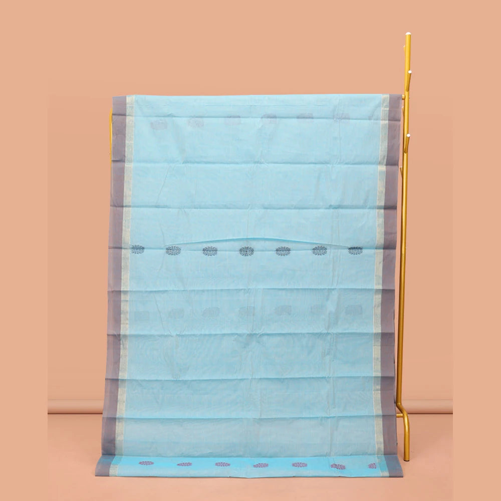 Pothys Blue Kanchi Cotton Saree, Featuring Buttas on Its Body, Contrast Border, Pallu of Jaal Design, and a Matching Blouse
