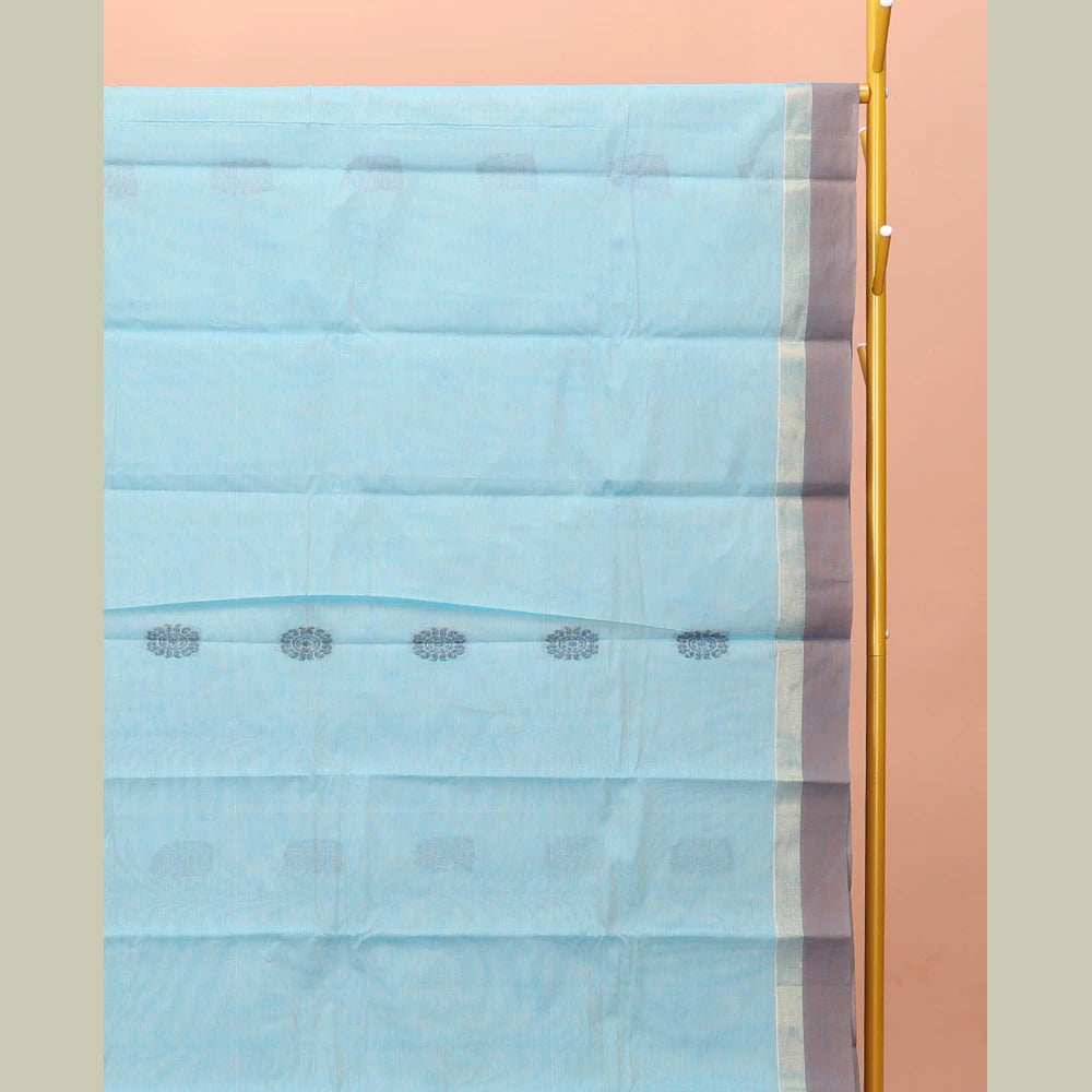 Pothys Blue Kanchi Cotton Saree, Featuring Buttas on Its Body, Contrast Border, Pallu of Jaal Design, and a Matching Blouse