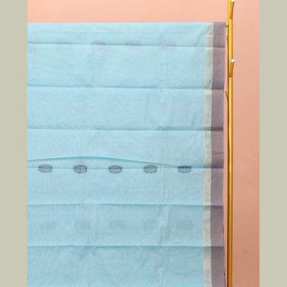 Pothys Blue Kanchi Cotton Saree, Featuring Buttas on Its Body, Contrast Border, Pallu of Jaal Design, and a Matching Blouse