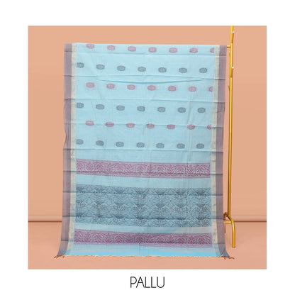 Pothys Blue Kanchi Cotton Saree, Featuring Buttas on Its Body, Contrast Border, Pallu of Jaal Design, and a Matching Blouse