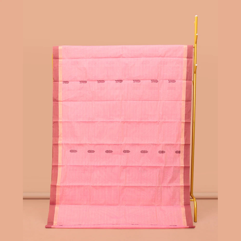 Pothys Pink Kanchi Cotton Saree, Featuring Buttas and Stripes on Its Body, Contrast Border, Pallu of Floral Design, and a Matching Blouse