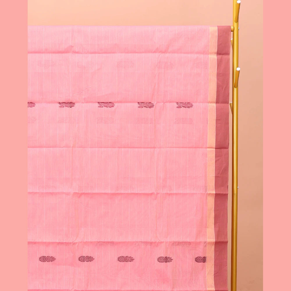 Pothys Pink Kanchi Cotton Saree, Featuring Buttas and Stripes on Its Body, Contrast Border, Pallu of Floral Design, and a Matching Blouse