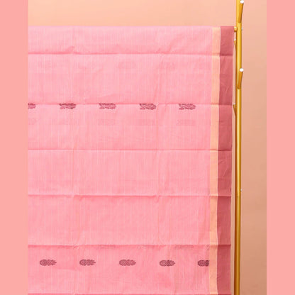 Pothys Pink Kanchi Cotton Saree, Featuring Buttas and Stripes on Its Body, Contrast Border, Pallu of Floral Design, and a Matching Blouse