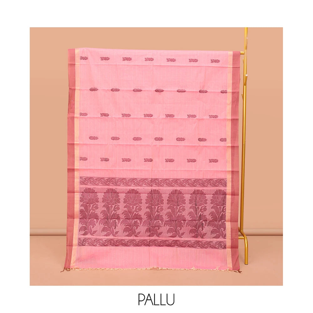 Pothys Pink Kanchi Cotton Saree, Featuring Buttas and Stripes on Its Body, Contrast Border, Pallu of Floral Design, and a Matching Blouse