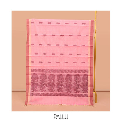 Pothys Pink Kanchi Cotton Saree, Featuring Buttas and Stripes on Its Body, Contrast Border, Pallu of Floral Design, and a Matching Blouse