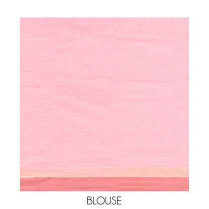 Pothys Pink Kanchi Cotton Saree, Featuring Buttas and Stripes on Its Body, Contrast Border, Pallu of Floral Design, and a Matching Blouse