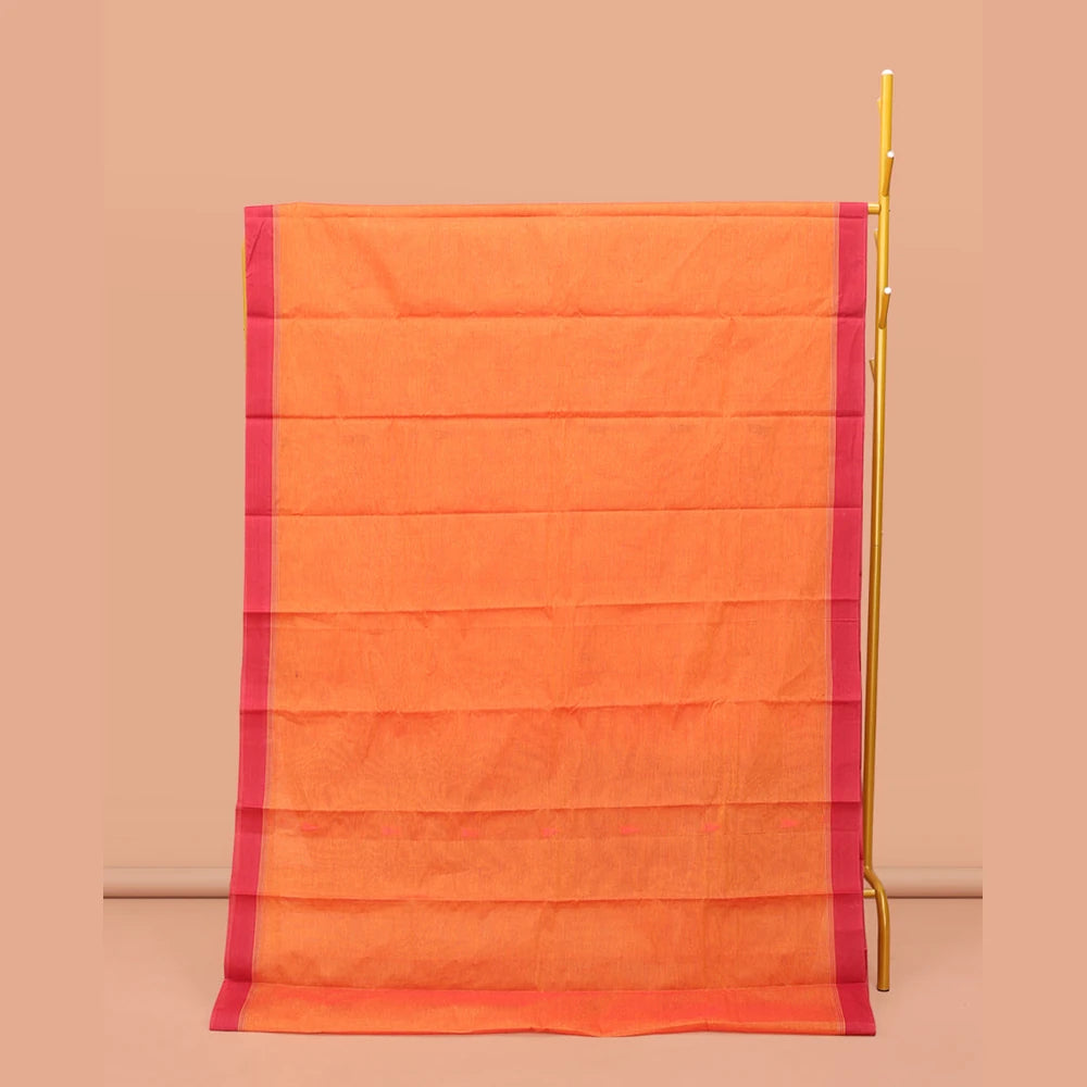 Pothys Orange Kanchi Cotton Saree, Featuring Temple Buttas on Its Body, Contrast Border, Pallu of Floral Design, and a Matching Blouse
