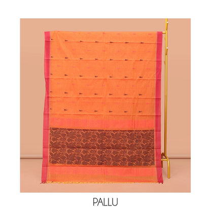 Pothys Orange Kanchi Cotton Saree, Featuring Temple Buttas on Its Body, Contrast Border, Pallu of Floral Design, and a Matching Blouse