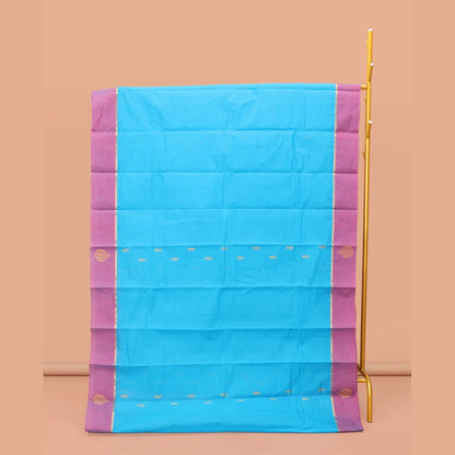 Pothys Blue Kanchi Cotton Saree, Adorned with Buttas on Its Body, Contrast Unique Motifs Border, Pallu of Intricate Design, and a Matching Blouse