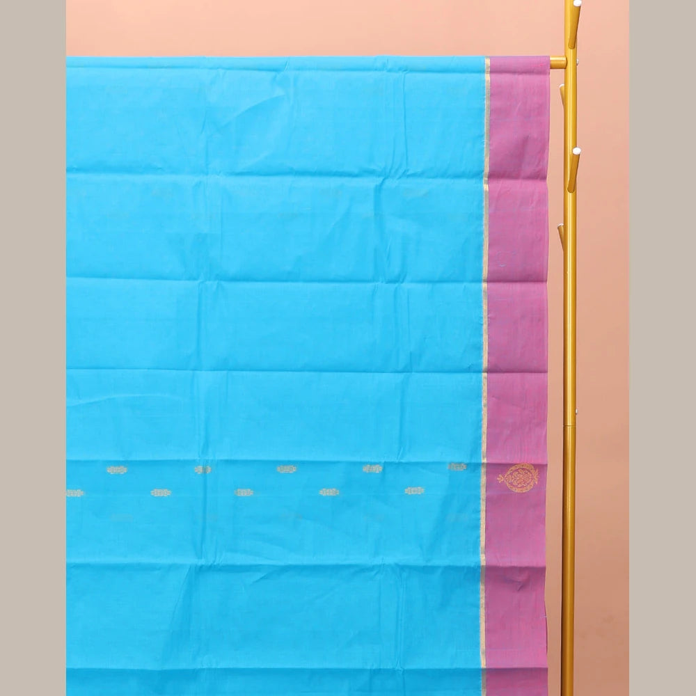 Pothys Blue Kanchi Cotton Saree, Adorned with Buttas on Its Body, Contrast Unique Motifs Border, Pallu of Intricate Design, and a Matching Blouse