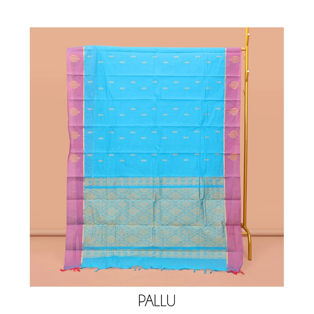 Pothys Blue Kanchi Cotton Saree, Adorned with Buttas on Its Body, Contrast Unique Motifs Border, Pallu of Intricate Design, and a Matching Blouse
