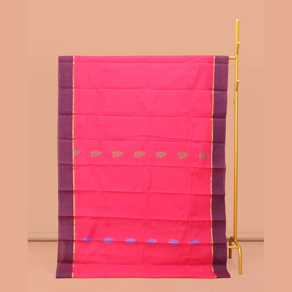 Pothys Pink Kanchi Cotton Saree, Woven with Buttas on Its Body, Complemented by Contrast Border, Pallu of Intricate Design, and a Matching Blouse