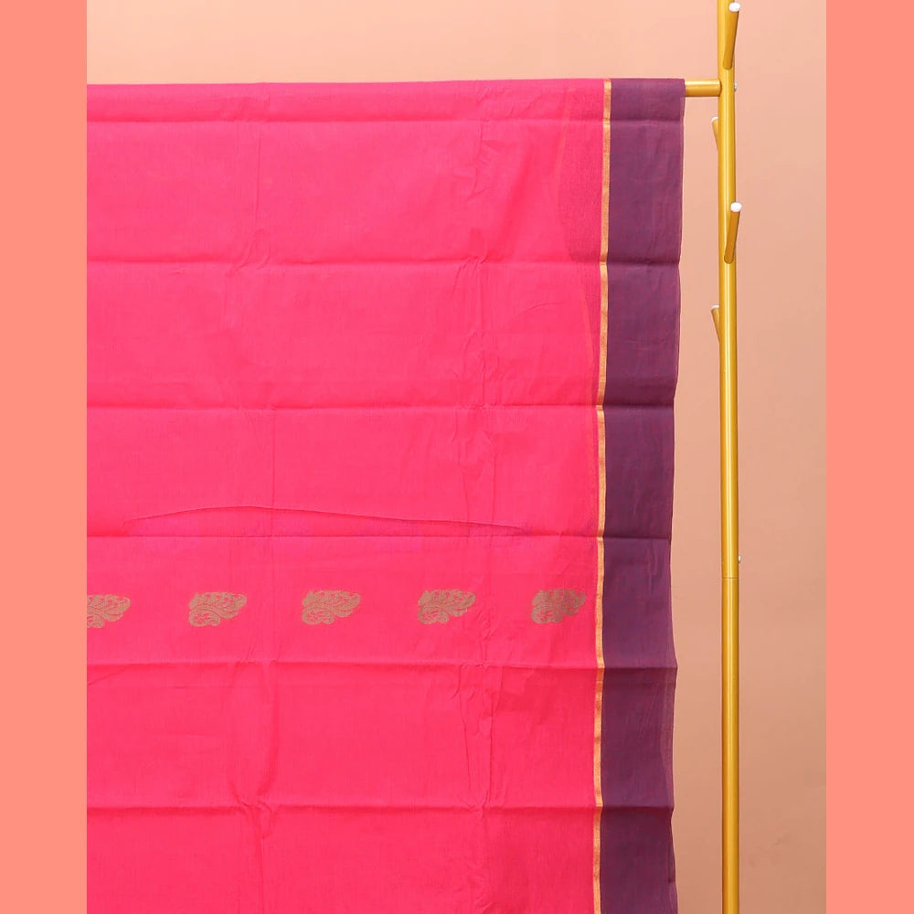 Pothys Pink Kanchi Cotton Saree, Woven with Buttas on Its Body, Complemented by Contrast Border, Pallu of Intricate Design, and a Matching Blouse