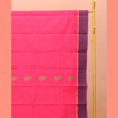 Pothys Pink Kanchi Cotton Saree, Woven with Buttas on Its Body, Complemented by Contrast Border, Pallu of Intricate Design, and a Matching Blouse