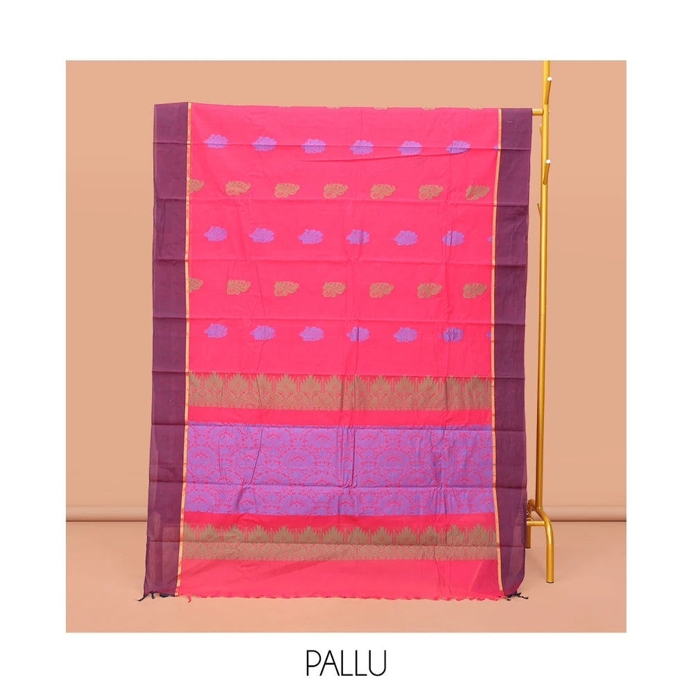 Pothys Pink Kanchi Cotton Saree, Woven with Buttas on Its Body, Complemented by Contrast Border, Pallu of Intricate Design, and a Matching Blouse