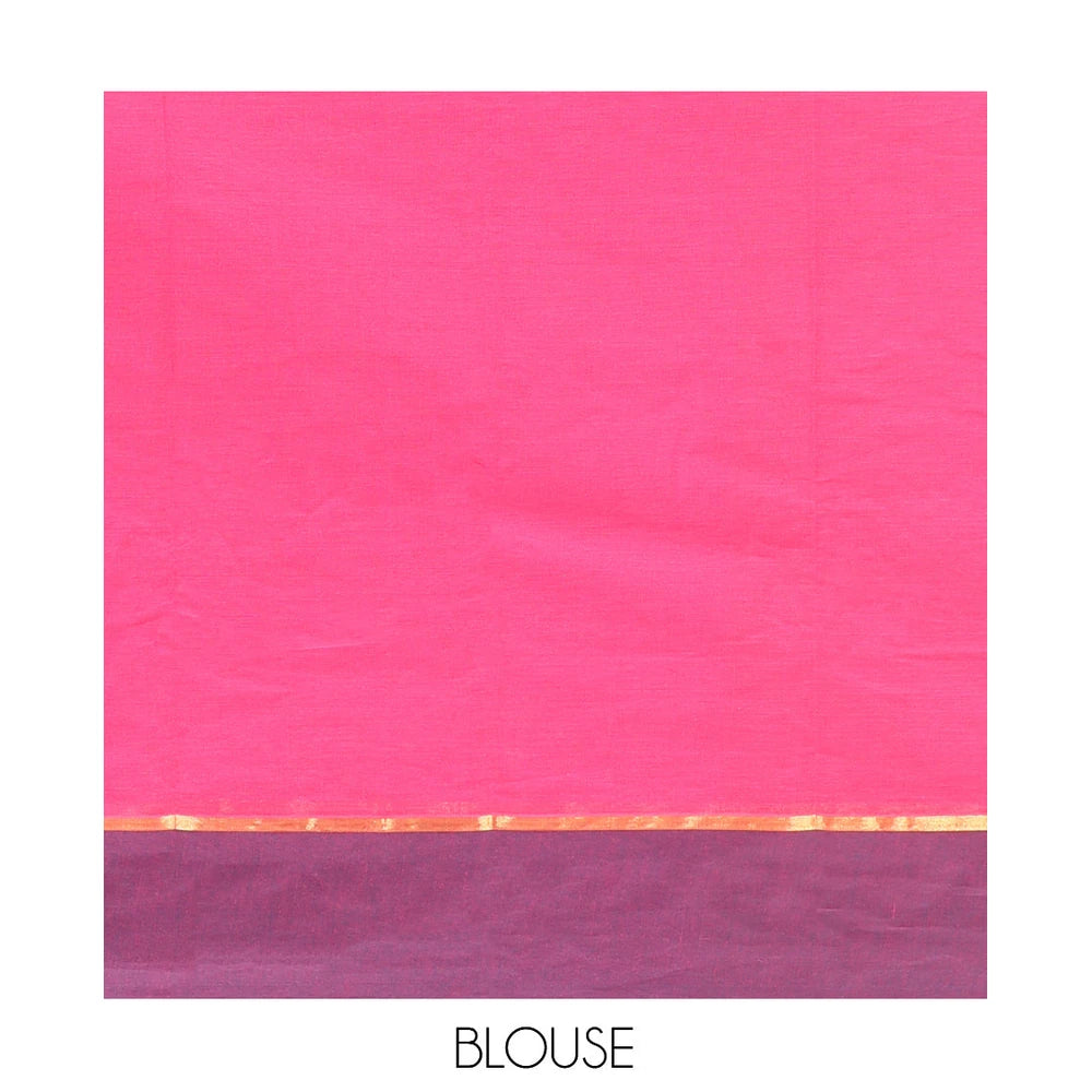 Pothys Pink Kanchi Cotton Saree, Woven with Buttas on Its Body, Complemented by Contrast Border, Pallu of Intricate Design, and a Matching Blouse