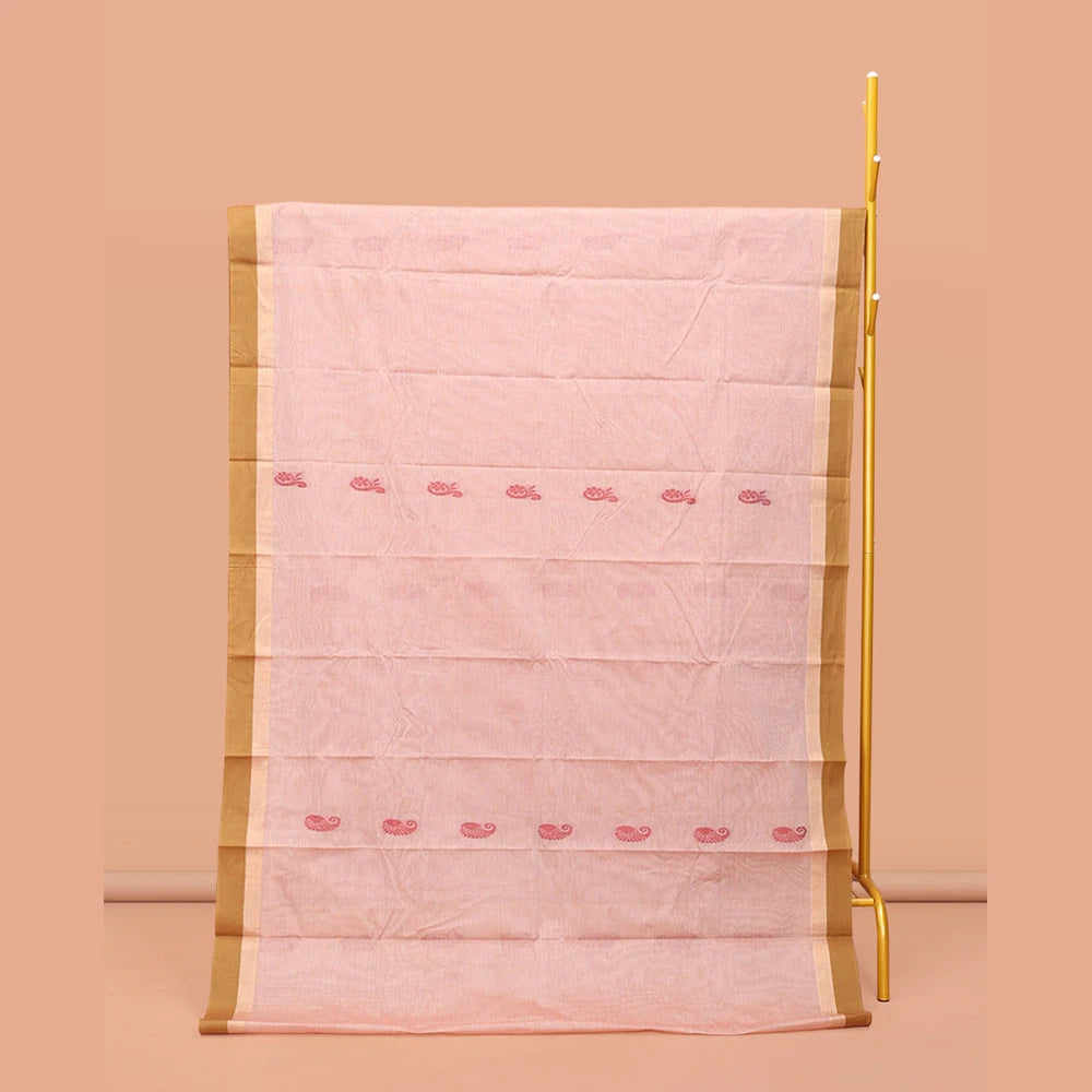 Pothys Sandal Kanchi Cotton Saree, Woven with Buttas on Its Body, Complemented by Contrast Border, Pallu of Paisleys, and a Matching Blouse