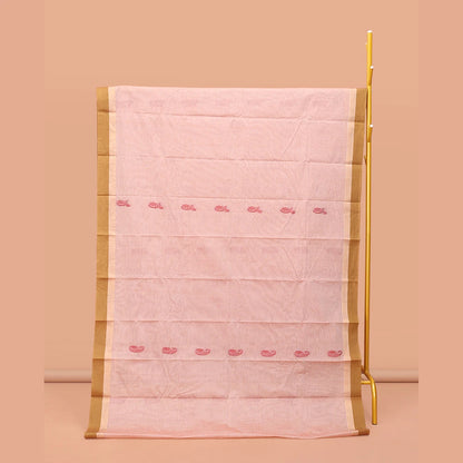Pothys Sandal Kanchi Cotton Saree, Woven with Buttas on Its Body, Complemented by Contrast Border, Pallu of Paisleys, and a Matching Blouse