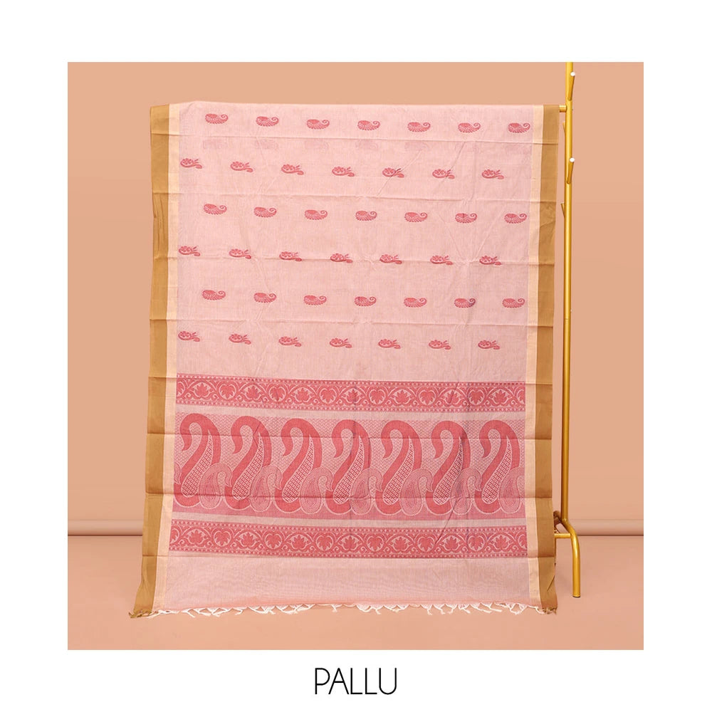 Pothys Sandal Kanchi Cotton Saree, Woven with Buttas on Its Body, Complemented by Contrast Border, Pallu of Paisleys, and a Matching Blouse