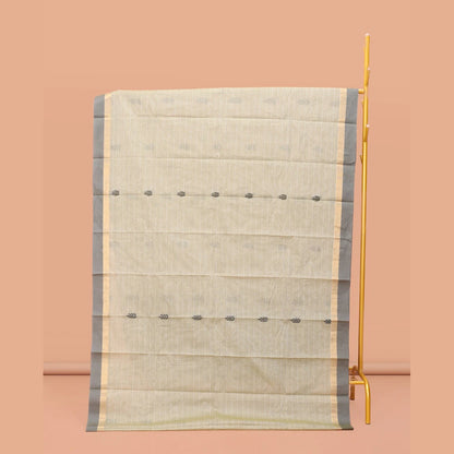 Pothys Grey Kanchi Cotton Saree Features Buttas and Stripes on Its Body, Complemented by a Contrast Border, Floral Design Pallu, and a Matching Blouse