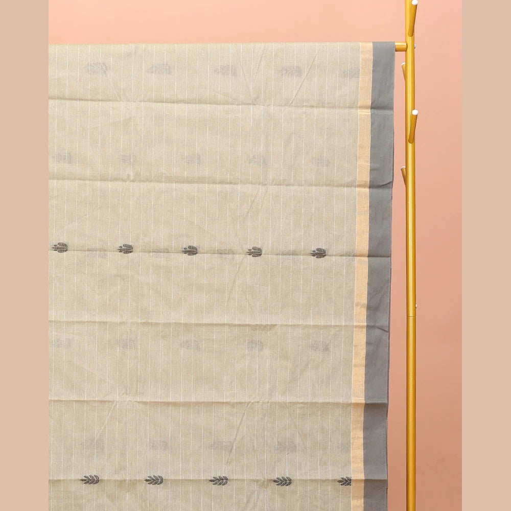 Pothys Grey Kanchi Cotton Saree Features Buttas and Stripes on Its Body, Complemented by a Contrast Border, Floral Design Pallu, and a Matching Blouse